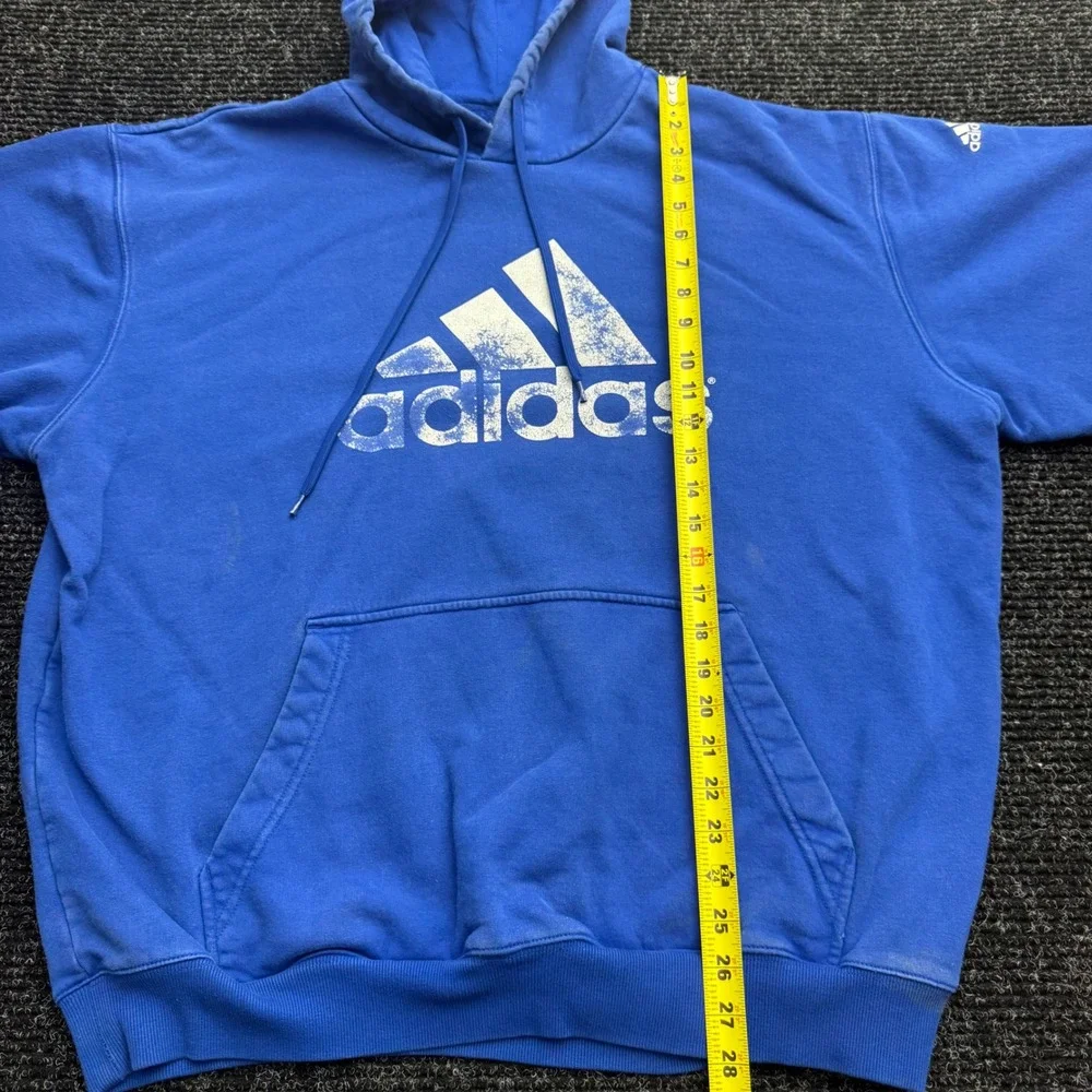 Adidas Hoodie Mens 2XL Blue Pullover Distressed Logo Fleece Sweatshirt RN119208